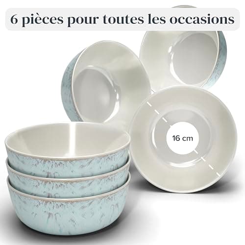 Ensemble 6 Bols Céréales Grès Ibiza - Muesli, Lave-vaisselle, Micro-ondes - Petits Bols Assiettes Creuses, Pure Living beige-bleu, Service de Table Élégant