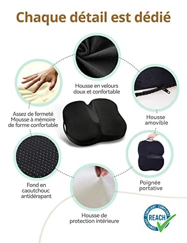 Travel Ease Coussin de Siège Ergonomique, Coussin de Chaise en Mousse à Mémoire avec Base Antidérapante pour Confort Longue Durée, Coussin de Hanche pour Chaise de Bureau, Siège de Voiture (Noir)
