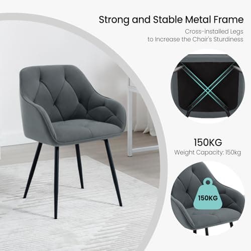 WOLTU Lot de 4 Chaises de Salle à Manger, Chaises de Cuisine Rembourrées avec Dossier, Accoudoirs, Pieds en Métal, pour Salon, Bureau, Coiffeuse, en Velours, Gris foncé, EZS02dgr-4