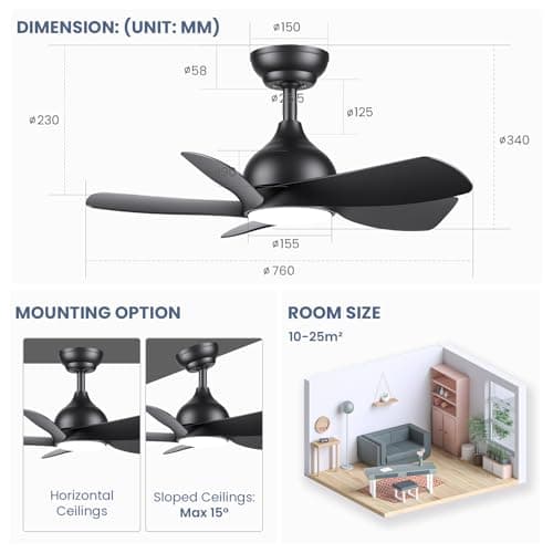 CJOY 76cm Noir Ventilateur de Plafond avec Lumiere et Télécommande, Ventilateur de Plafond Réversibles DC 5 Pales, Ventilateur Plafond Silencieux Dimmable, 6 Vitesses, pour Chambre à Coucher, Salon