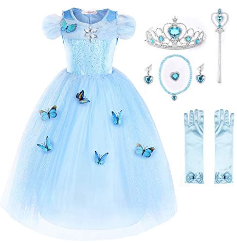 JerrisApparel Robe De Cendrillon Robe De Princesse Costume (140cm, Bleu Ciel avec Accessoires)