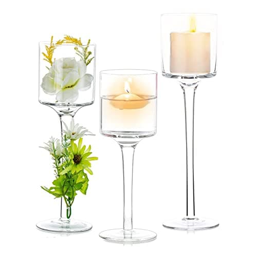 NUPTIO 1 Ensemble Bougeoirs Verre pour Bougie Pilier et Bougies Flottantes, Bougeoir Photophore en Verre Bougeoirs Table Clairs pour Pièce Maîtresse Fête Mariage Noël Halloween Décor À la Maison