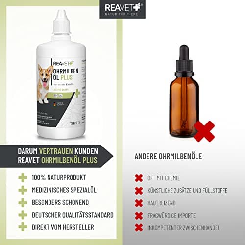 ReaVET Huile d'acariens Plus 110 ML - Produit Efficace immédiat pour Chiens, Chats et Animaux domestiques - Contre Les acariens à la Camomille - Soin Doux pour Les démangeaisons dans l'oreille