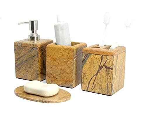 KLEO Set de Bain 4 pièces | Comprend Un Distributeur de Savon Liquide, Un Porte-Brosse à Dents, Un Porte-Dentifrice, Un Porte-Savon - en Pierre Naturelle