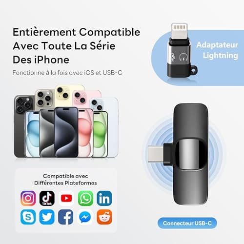 Qhot Micro Cravate sans Fil pour iPhone, Microphone Bluetooth Clip-on Lavalier sans Fil pour Enregistrement vidéo, Diffusion en Direct, Podcast, vlog, Youtube/TikTok (USB-C/ 2MIC)