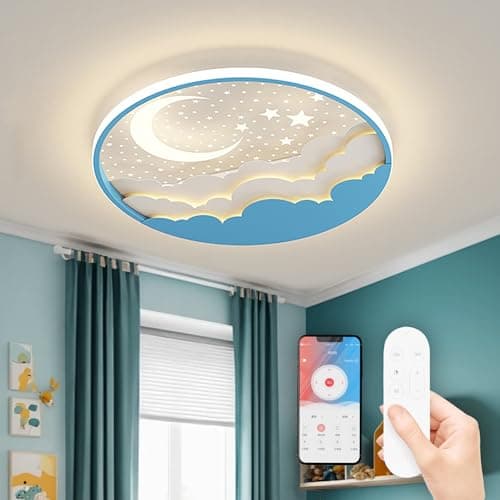 Plafonnier LED Chambre Enfant, Moderne Créative Étoile Et Lune Lampe De Plafond, Lampe Plafond avec Dimmable Télécommande 3000-6000K, Garçons Et Filles Chambre Enfants Lumière Éclairage, Bleu