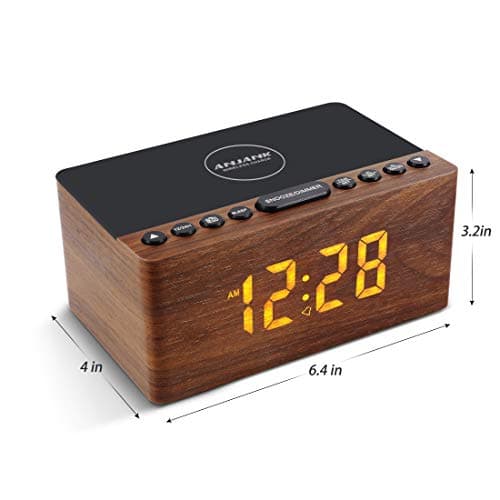 Radio Réveil Numérique en Bois avec Radio FM,Station de Charge sans fil Rapide Pour iPhone/Samsung Galaxy,Alarm Clock et Affichage LED,Variateur à 5 Niveaux,Port USB,Minuterie de Sommeil, Marron