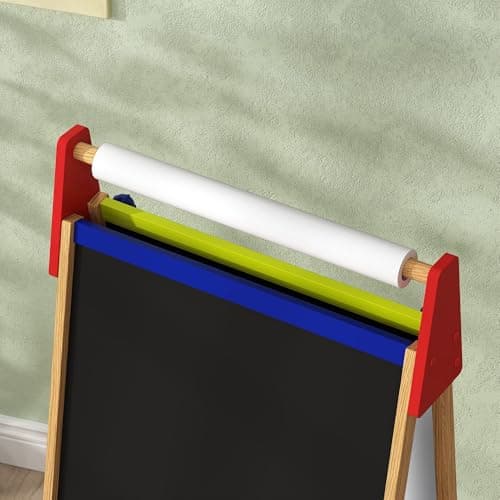 AIYAPLAY Chevalet peinture pour enfants, tableau enfant double face 3 en 1, avec rouleau de papier, tableau blanc et noir hauteur réglable, avec accessoires de peinture, enfants 3-8 ans, bois naturel