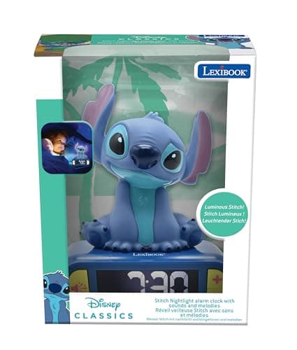 Lexibook, Disney Stitch, Réveil veilleuse Stitch, Personnage lumineux, Choix de 6 alarmes, 6 effets sonores, Ecran LCD rétro-éclairé, Snooze, Bleu, RL800D
