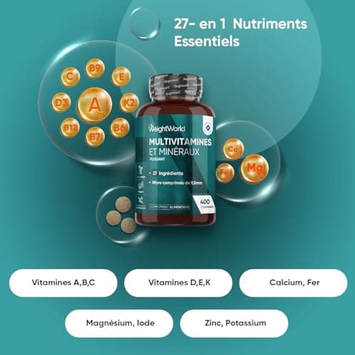 Multivitamines et Minéraux, 400 Microcomprimés Vegan (+ 1 An), 27 Nutriments Essentiels Vitamines A B C D E K Calcium, Magnesium, Zinc, Fer, Iode, Potassium, Multivitamines et Minéraux Homme Femme