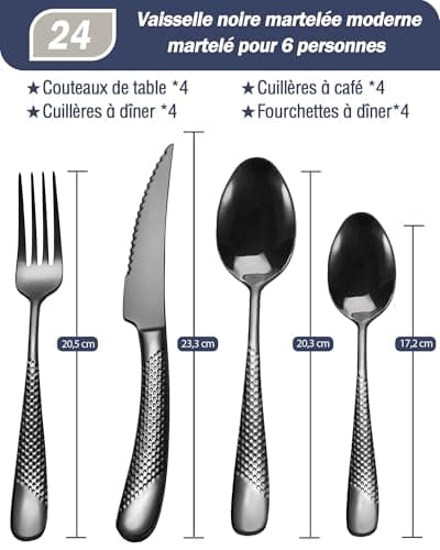 SHEUMNT couverts de table 24 pieces martelées Moderne noirs avec couteau dentelé 2 en 1 ultra tranchant, menagere inox 6 personnes, couvert plaqu titane noires couteaux, fourchettes, cuillères