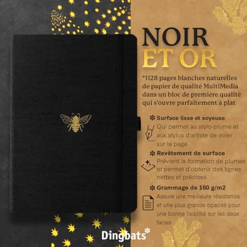 Dingbats* Pro B5 Grand Carnet De Notes Pointillé - Journal Avec Couverture En Tissu Noir, Reliure à Fil -Fermeture Élastique, Porte-stylo, Marque-page