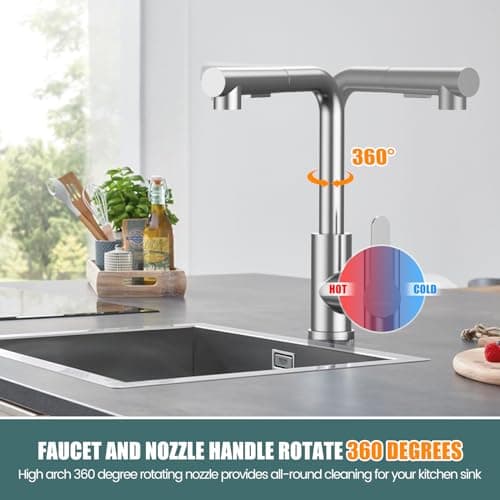 HURRAN Robinet Cuisine avec Douchette Extractible, Mitigeur Cuisine en acier inoxydable avec 2 Modes de Pulvérisation, Robinetterie de Cuisine Monocommande Pivotant à 360°, Nickel Brossé