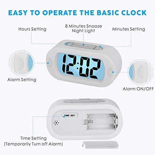 Plumeet Réveil électronique, Alarm Réveil Matin avec Grand écran LCD, Fonction Snooze, avec Veilleuse, Alimenté par Batterie,Convient Aux Alarmes de Voyage et de Chevet (Blanc)