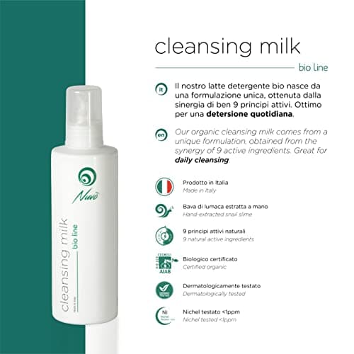 Nuvo' - Lait Nettoyant Visage à la Bave d Escargot, Acide Hyaluronique, Élimine les Impuretés Sans Dessécher la Peau, Formulation Délicate pour un Nettoyage Quotidien, Made in Italy, 200 ml