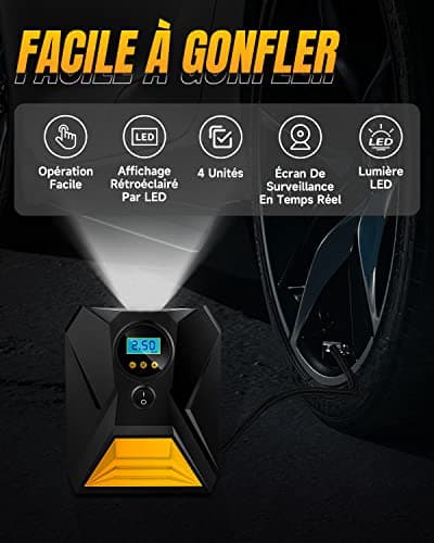 Gemokrt Gonfleur Pneus Voiture, 12V Compresseur À Air Portatif avec Fonction Mémoire, 3 Adaptateurs de Buses, Gonflage Rapide Compresseur pour Vélo