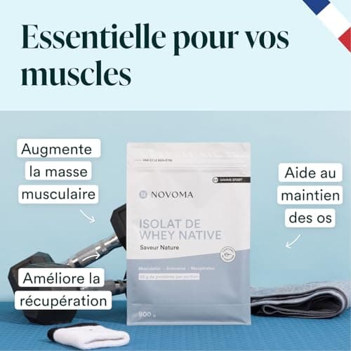 NOVOMA Whey Isolate Native, Protéine Pure Non Dénaturée, 25g de Protéines par Portion, Saveur Nature, Musculation et Récupération, 30 Portions, Sachet 900g, Fabriqué en France