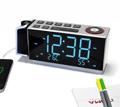 iTOMA Réveil de Projection avec Radio FM, Chargement USB, écran LED de 1,8 Pouces, Veilleuse, Double Alarme, Snooze, Contrôle de Gradation, Radio - Réveil de Chevet CKS509