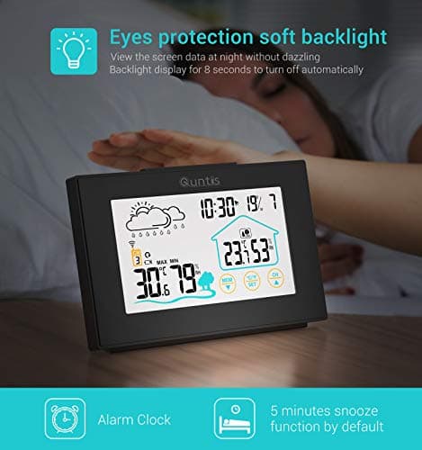 Station Météo, Quntis Thermomètre Hygromètre 3 Canaux Sans Fil Intérieure Extérieure avec Ecran Tactile à Capteur Extérieur, Thermomètre Numérique avec Prévisions Météo, Heure, Réveil - Noir