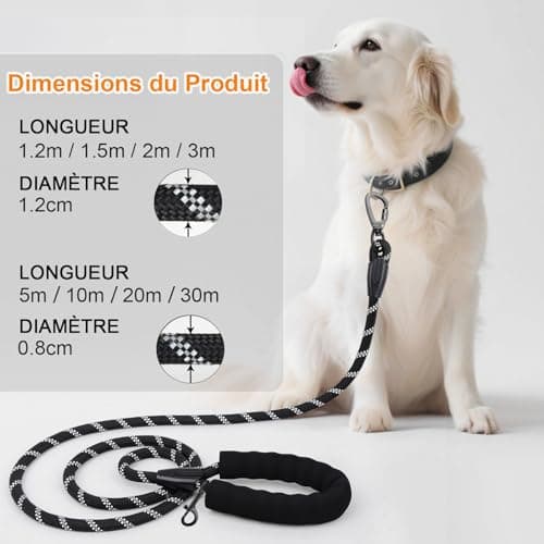 Longe pour Chien, 1,2M/ 1,5M/ 2M/ 3M/ 5M/ 10M/ 20M/ 30M Laisse de Dressage pour Chien, Long Laisse avec Poignée Rembourrée pour Petits, Moyens et Grands Chiens