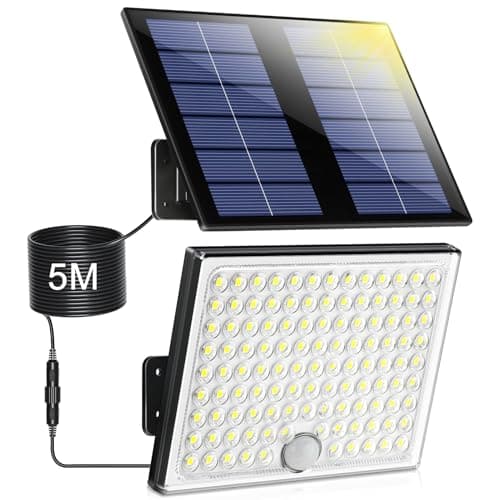 Realky Lampe Solaire Extérieur Détecteur de Mouvement, Lumière Solaire Extérieure Puissante 113 LED 2000mAh 4 Modes étanche IP65, Eclairage Solaire Exterieur avec Câble 5M, 1 Pièce