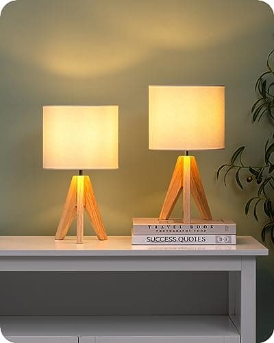 EDISHINE Lampe de Chevet Lot de 2, E27 Douille, Trépied Vintage, Ampoule Incluse, 36 x 20 x 20 cm, Lampe de Table en Bois pour Chambre à Coucher, Salon, Hôtel, Abat-jour en Lin Blanc