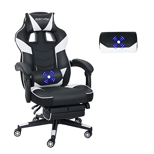 YU YUSING Massage Chaise Gaming Ergonomique Racing Chaise de Bureau avec Réglage de Hauteur, Repose-tête et Soutien des Lombaires, PU Cuir avec Repose-Pieds Rétractable, (Blanc)