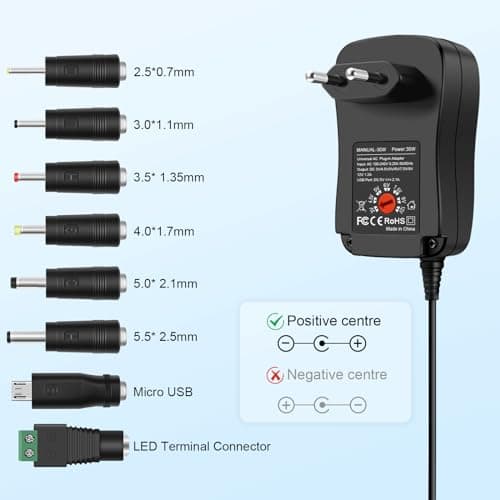 Aroidful 30W Alimentation Universel 12V 9V 7.5V 6V 5V 4.5V 3V et 5V 2.1A USB Port avec 8 Connecteurs DC. Adaptateur Secteur Universel pour Routeur/Haut-Parleur/Epilateur/Mini Fan/Bande Lumiere LED