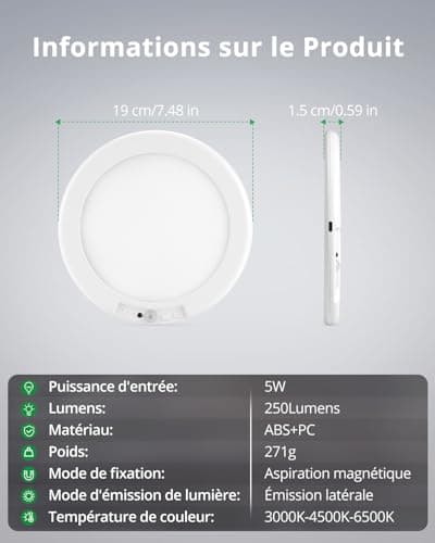 Bojim Plafonnier LED avec Detecteur de Mouvement, ø19cm Plafonnier Sans Fil Télécommande, Lampe de Plafond Rechargeable 3 modes Déclairage Luminosité Réglable pour Couloirs Escalier Balcon Garage