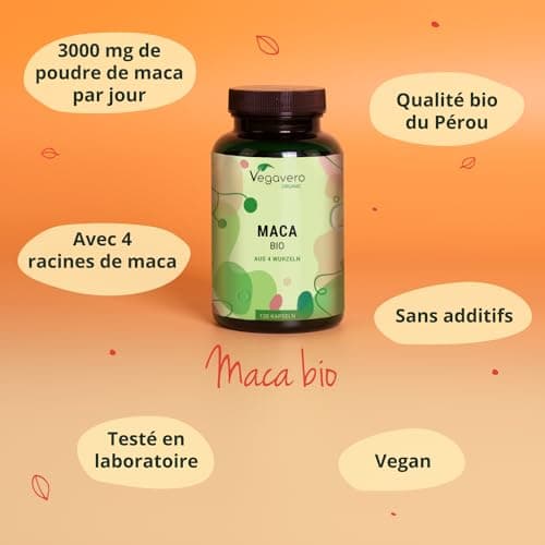 MACA BIO du Pérou 3000mg Vegavero® | 120 Gélules | UNIQUE : 4 Racines de Maca - Noire, Rouge, Jaune, Violette | Sans Additifs | Énergie + Libido + Adaptogene | VEGAN