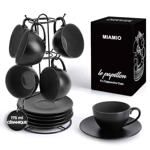 MIAMIO - 6 x 175 ml Ensemble Tasse Cappuccino - Tasses à cappuccino à parois épaisses en faïence - tasse a cafe - tasse cappuccino - service a cafe - tasse à café - Collection Le Papillon (Noir)