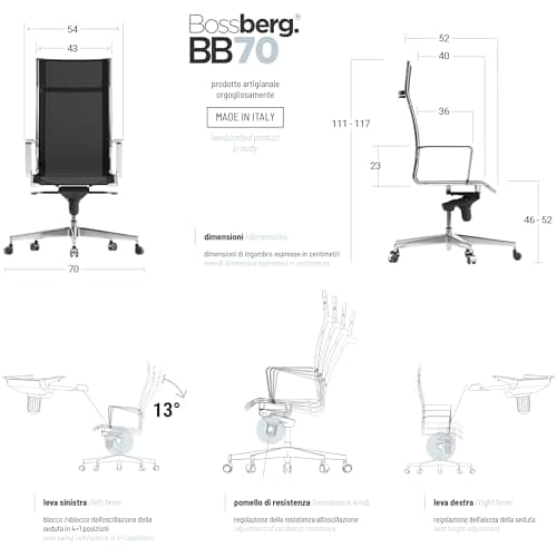 Bossberg BB70 Chaise de Bureau Ergonomique Blanche - Fauteuil Bureau Ergonomique avec Chaise avec Accoudoirs - Chaise Pivotante Design Italien