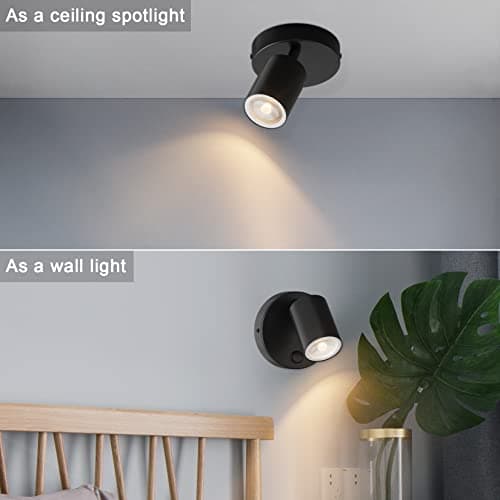Kligthten 2x Applique Murale Interieur, GU10 Noir Spot Mural, Lampe Murale Orientables 350° avec Bouton, Moderne Plafonnier Spot de Plafond Aluminium, pour Chambre Salon Cuisine, Sans Ampoule