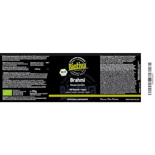 Gélules de brahmi Bio - 150 Gélules - 500mg par capsule - Bacopa Monnieri - Hysope d?eau - Végan - Garanti sans additifs - Conditionné et contrôlé en Allemagne - Biotiva