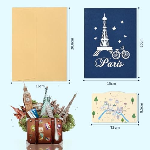 joyoldelf Carte Voeux de Voyage Pop Up - Carte Anniversaire 3D, Carte Retraite, Cadeau Voyage Vacances, Billet Avion, Convient Aux Hommes, Femmes, Amis, Voyage, Lune De Miel(Tour de Paris)