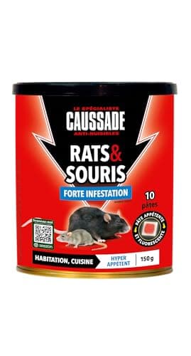 CAUSSADE Anti Rats & Souris - Forte Infestation - Lieux secs & humides - 10 Sachets pâtes Fluorescents - Prêt à l'emploi - Une Ingestion Suffit - Fabriqué en France - 150g - CARSPT150N