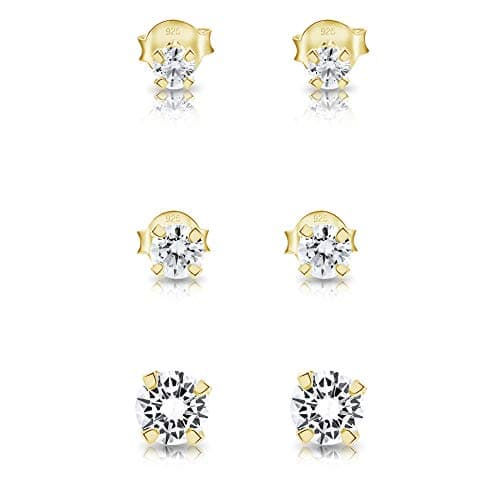 DTPsilver® 3 PAIRES lot boucles d'oreilles femme argent 925 - MINI et Petits Clous/Puces d'oreilles en Argent Fin 925 Plaqué Or Jaune et Oxyde de Zirconium - Diamètre: 3, 4, 5 mm - Blanc/Clair CZ
