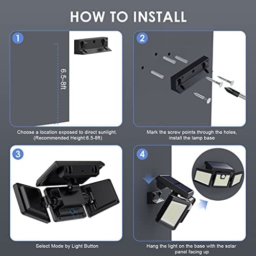 Lampes Solaires Extérieur à Détecteur de Mouvement, 3500LM 341LED Lumières Solaires avec 3 Têtes Réglables, 270° éclairage Grand Angle IP65 Projecteur Solaire éclairage Mural d'extérieur - 2 Pack