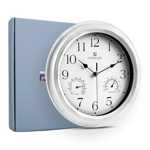 Lafocuse 30cm Horloge Murale Exterieure Etanche avec Thermomètre et Hygromètre, Vintage Blanc Pendule Murale Retro, Silencieuse Shabby Chic Deco pour Extérieur, Jardin, Balcon, Salle de Bain, Cuisine