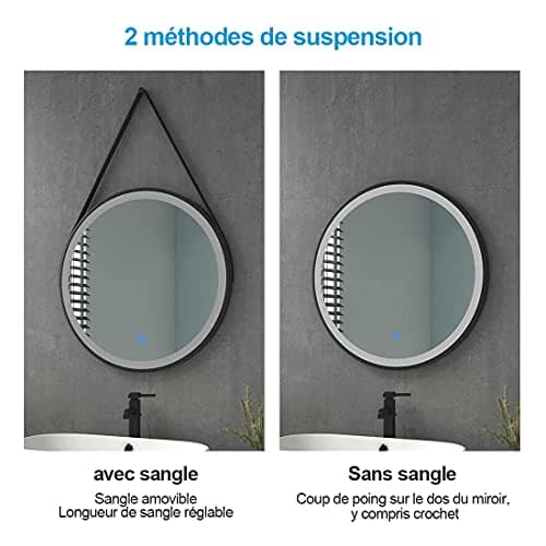 Heilmetz Miroir Rond Salle de Bain 70cm, Miroir Rond LED Noir avec Interrupteur Tactile et Bandoulière réglable, IP44,Miroir Rond Mural,avec Blanc Froid 6500K