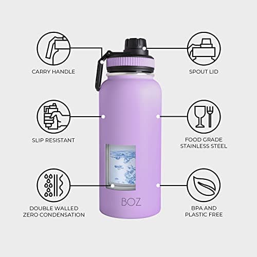 BOZ Gourde Isotherme En Acier Inoxydable 1L, Sans BPA, Isolation Sous Vide | Gourde Inox Avec Couvercle Anti Germe, Bouteille d'Eau 1 Litre pour Bureau, Sport, Voiture, Randonnée, Gym (Lavande)