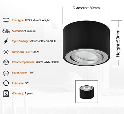 KYOTECH Spot LED en Saillie Orientable Ø80x50mm Plafonnier Luminaire Apparent Ronde Noir brossé Plafonnier Spot LED Downlight 5W LED Module 400LM 3000K Blanc Chaud