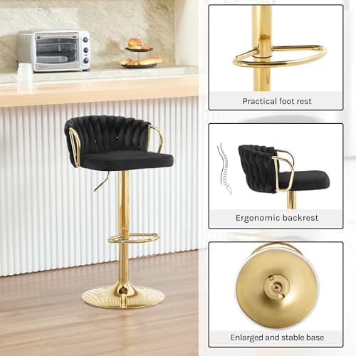 WOLTU Lot de 2 Tabouret de Bar avec Dossier Tissé et Repose-Pieds, Tabouret Pivotant à 360°, Hauteur Réglable, Base Évasée en Métal, Noir, BH426sz-2
