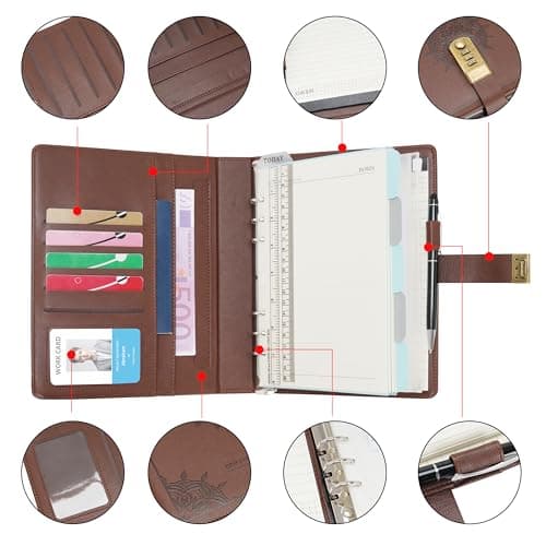 WASON A5 Carnets et journaux avec verrou reliure de notes ligné de planification portfolio et bloc-notes rechargeable stylo organisateur à pince pour entreprise école voyage (Café)