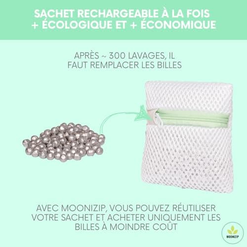 Moonizip Lessive Ecologique, Economique, Hypoallergénique - Réutilisable 300/350 fois - Sachet de billes de magnésium - Lave & remplace la lessive - Sans Détergent Sans Parfum (1 Sachet)