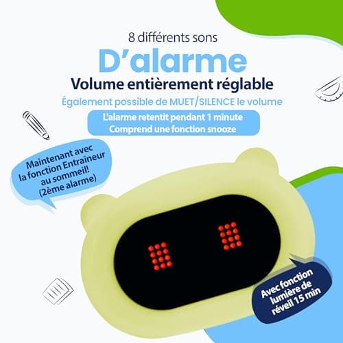 Kadoing® Réveil Enfant Ours - avec Expressions Visages et Fonction de Tapotement - Lumière de Réveil - Entraîneur de Sommeil - Veilleuse - Réveil Jouet Numérique