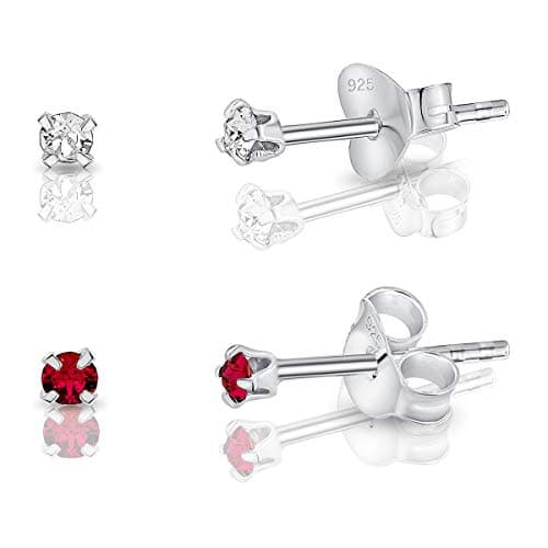 DTPsilver - 2 PAIRES de * MINI * Boucles d'oreilles/Clous en Argent Fin 925 et Cristaux de Swarovski® Elements Ronds - Diamètre: 2 mm - Couleur: Cristal Clair + Rubis