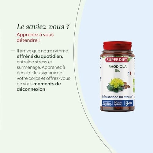 SUPERDIET - RHODIOLA BIO - Résistance au stress, Équilibre émotionnel - Phytothérapie - Fabrication Française - 90 Gélules