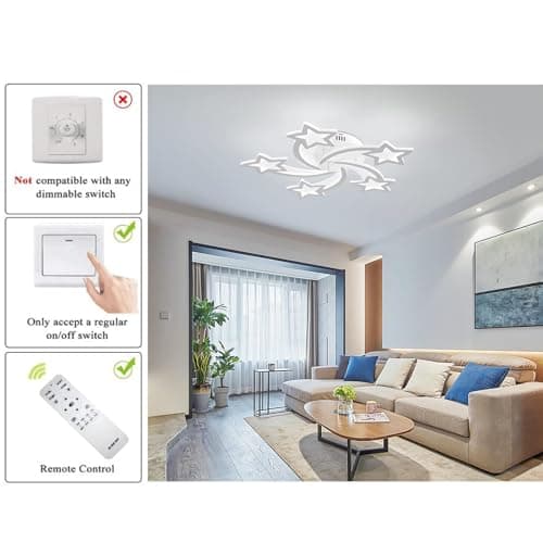 Qcyuui Dimmable Led Plafonnier 60w Plafonnier Acrylique Moderne, Lustre De Forme 5 Étoiles Éclairage Pour Plafond De Salon De Chambre D'enfant, Télécommande Inclus