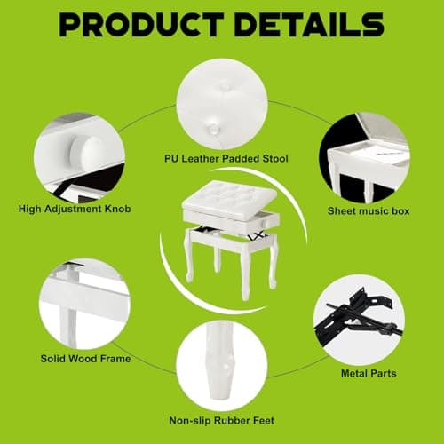 Jargrovs Banc de Piano,Banc Piano en Cuir PU épais à 10 Boutons, Tabouret Piano réglable en Hauteur à Pieds courbés en Bois Massif,Banquette Piano avec Compartiment de Rangement,Tabouret Piano Blanc